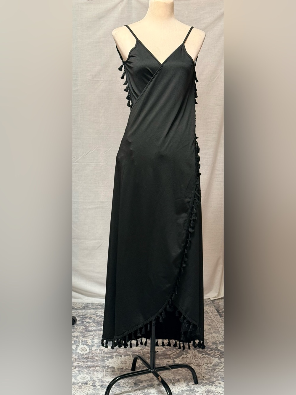 SHEIN Sexy Backless Swim Cover Up Maxi Wrap Dress Black Tassel Trim Small